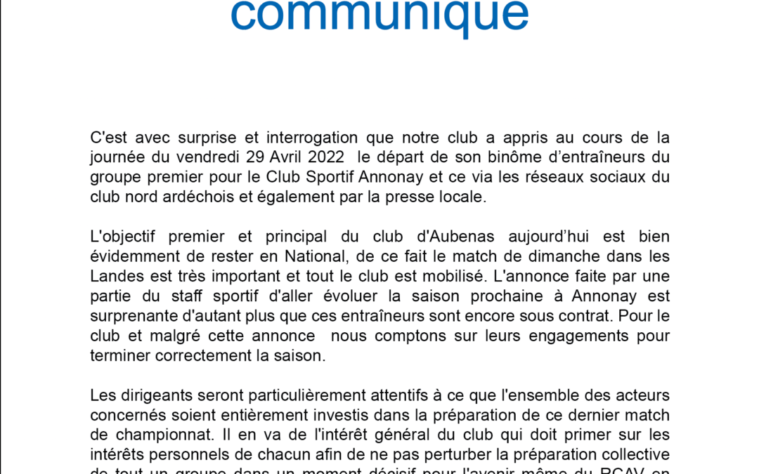 COMMUNIQUE OFFICIEL DU RCAV